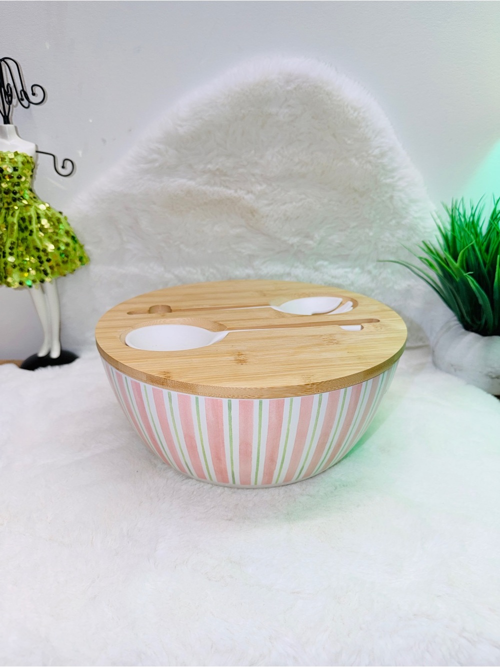 Striped Serving Bowl with Bamboo Lid and Spoons - Pink & Mint 🥗